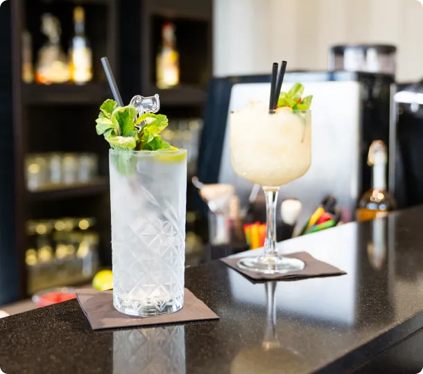 Due cocktail con ghiaccio e guarnizioni di menta e lime su un bancone di bar.